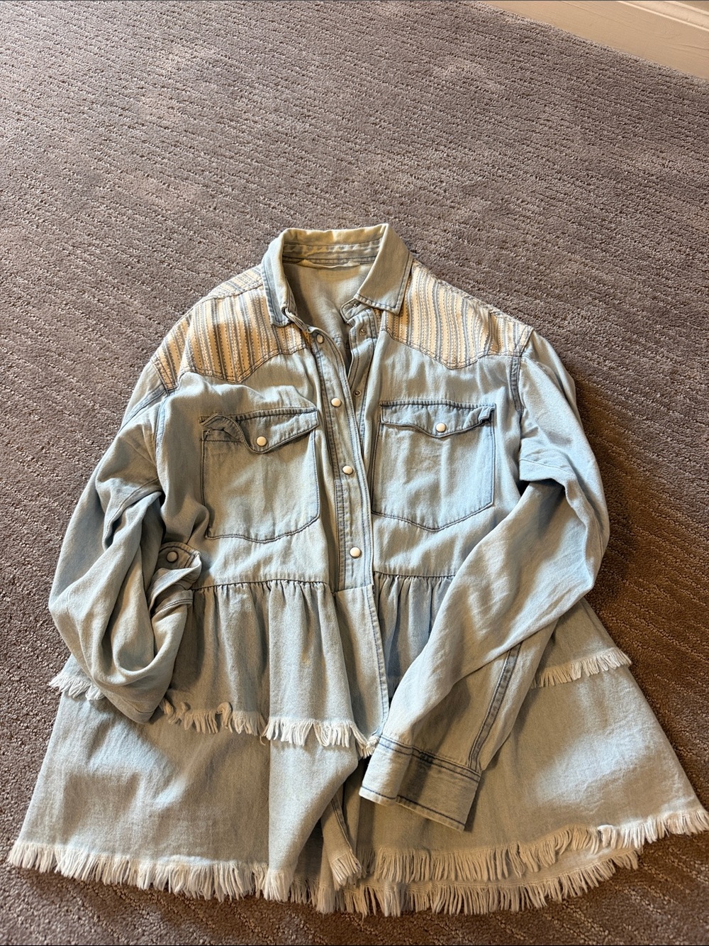 Zara Light Blue Denim Peplum Jacket with Fringed Hem